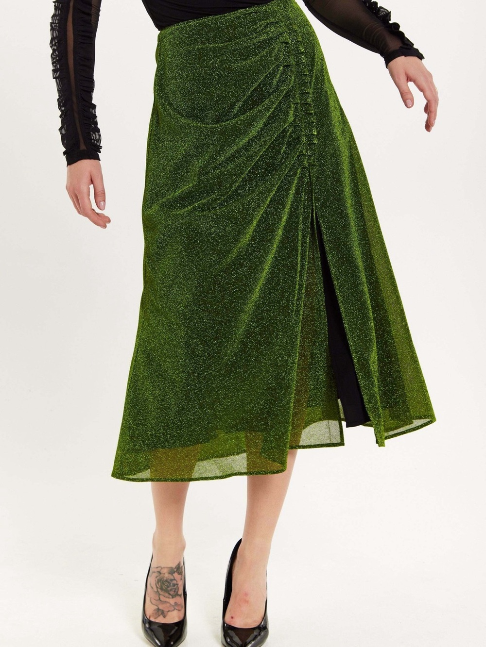 House of Holland Lime Metallic Midi Skirt with Side Ruched Slit